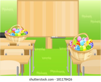 Easter eggs on a school desk in the forest/ Easter eggs on a school desk