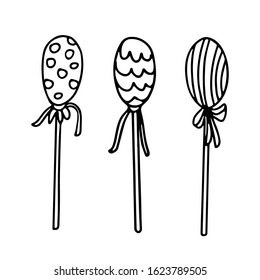 Easter eggs on sticks decorated ornaments in doodle style. Great for Easter greeting cards. Hand drawn vector illustration in black ink. Isolated outline.
