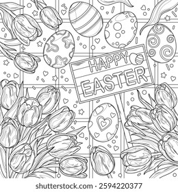 Easter eggs on a table with tulips.Happy Easter inscription.Coloring book antistress for children and adults. Illustration isolated on white background. Hand draw