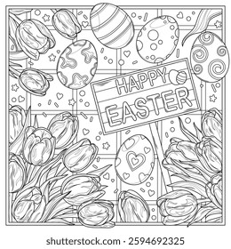 Easter eggs on a table with tulips.Happy Easter inscription.Coloring book antistress for children and adults. Illustration isolated on white background. Hand draw