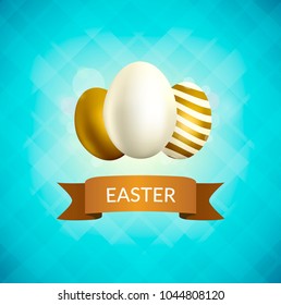 Easter eggs on tablecloths. Easter card. Golden eggs.