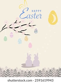 Easter eggs on the tree with bunny under the moonlight vector design.