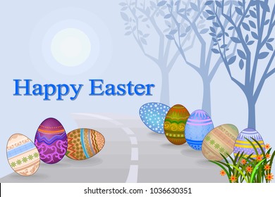 Easter eggs on way to the light with spring tree in fog. vector design for card wallpaper.