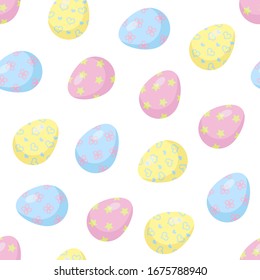 Easter eggs on a white background seamless pattern. Design for wrapping paper, greeting card and invitation. Vector stock illustration in pastel color.