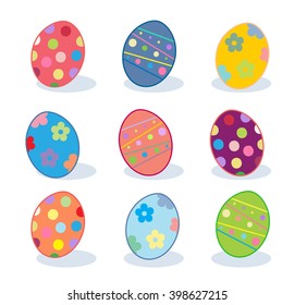 Easter eggs on white background, Happy Easter Holiday pattern, Easter Celebration. Festive background with colorful painted eggs. Vector Illustration template. For Art, Print, Fashion, Web design.