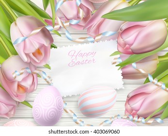 Easter eggs on wood background with card. EPS 10 vector file included