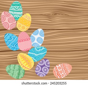 Easter eggs on wooden background, vector illustration