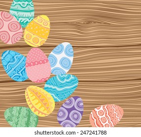 Easter eggs on wooden background, vector illustration