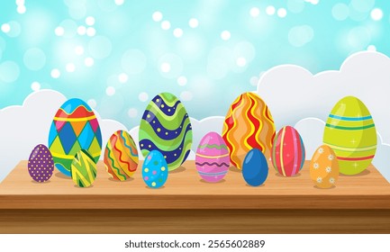 Easter eggs on wooden background. Vector illustration. Eps 10.