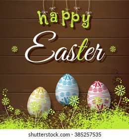  Easter eggs on wooden background. Vector illustration. Happy Easter card.