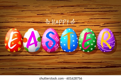 Easter eggs on wooden background. Happy Easter day concept. Illustration.