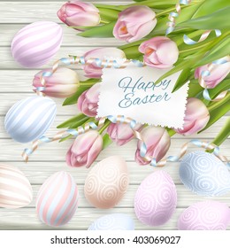 Easter eggs on wooden table with card. Holiday background. EPS 10 vector file included