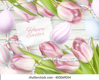 Easter eggs on wooden table with card. Holiday background. EPS 10 vector file included