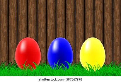 Easter eggs on a wooden wall background. Vector