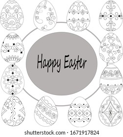 Easter eggs with ornament black and white doodle