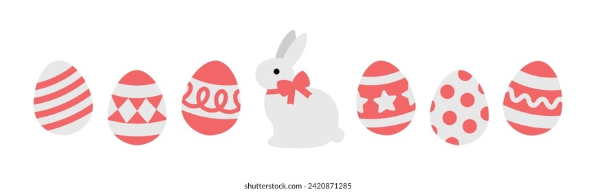 Easter eggs with ornament and Bunny rabbit isolated on white background. Cute modern colorful cartoon. Minimal design elements for seasonal holiday decoration. Vector illustration.