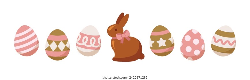 Ostereier mit Ornament und Kaninchenschokolade einzeln auf weißem Hintergrund. Frische, moderne, bunte Cartoons. Minimale Design Elemente für die saisonale Feriendekoration. Vektorgrafik.