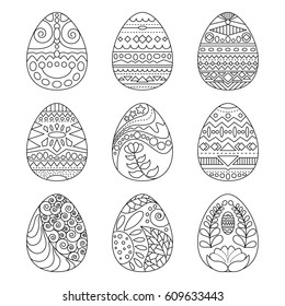Easter eggs with ornament vector illustration. Outlined Easter egg with floral, doodle, ethnic decor. Spring season holiday design element. Adult or children coloring book for Easter. Spring greetings