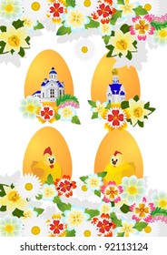 Easter eggs with ornament and wild flowers. The illustration on a white background.
