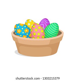Easter eggs with ornaments in brown ceramic pot. Cute holiday composition. Flat vector design