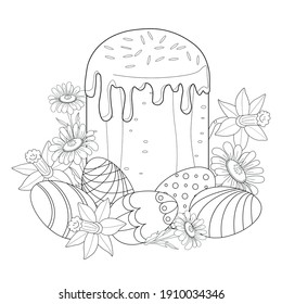 Easter eggs with ornaments, cake and spring flowers on a white background. Anti-stress coloring book for children and adults.