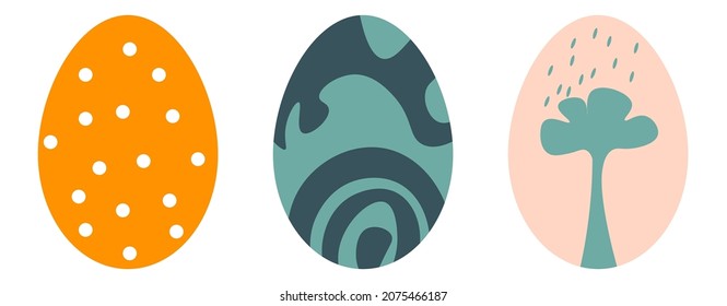 Huevos de Pascua con adornos y decoración, composición de colores con hojas y puntos abstractos. Motivo religioso para los cristianos. Preparación y celebración de las vacaciones de primavera. Vector de estilo plano