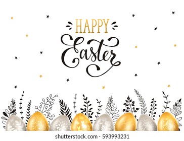 Easter eggs with ornaments in gold and silver colors with hand drawn branches isolated on white background. Happy easter greeting card. 