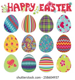 Easter eggs with ornaments.Bright cute cartoon set.Vector isolate on white background. Hand drawing text
