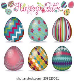 Easter eggs with ornaments,Volume object.Bright cute cartoon set.Vector isolate on white background. Hand drawing text
