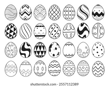 Easter eggs outline drawing flat vector clipart set design. Easter egg clip art in black doodle sketch pattern for spring celebration and traditional egg hunting decoration elements. Vector 