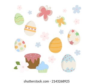 Mochila de huevos de Pascua (pegatinas), flores y mariposas, colores pastel, patrón de huevos de Pascua, tarta de Pascua y bizcocho