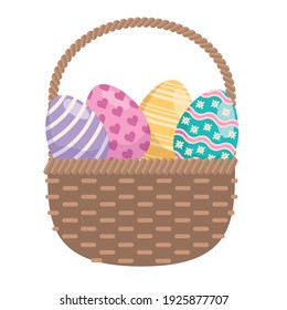easter eggs painted in basket straw vector illustration design