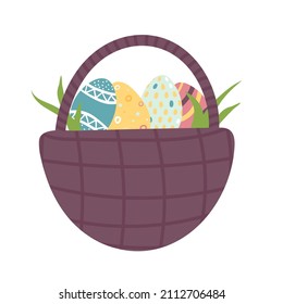 easter eggs painted in basket straw isolated icon vector illustration design. cartoon