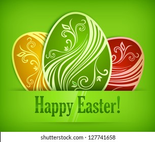 Easter eggs painted by floral patterns & text on green, vector illustration