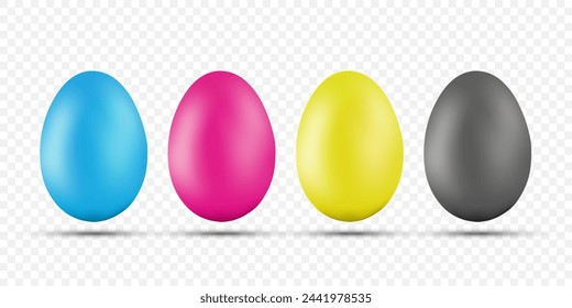 Easter eggs are painted in CMYK colors. Templates isolated on transparent background. Vector stock illustration