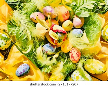 Ostereier, bemalt und verziert mit Bändern, die zwischen gelber Feder, grünen Blättern und Gras auf dem gelben Stoff liegen; eine Vektorgrafik für Feiertagsgrußkarten, Einladungen, andere Designs.