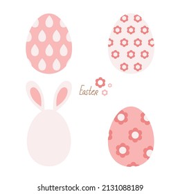 Easter eggs are painted with a flower, an egg with ears, a rabbit, flowers. Spring baby print, Vector simple illustration. Pastel colors, pink, grey, mother's day, farm, easter, spring day, garden.