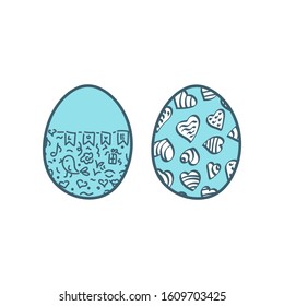 Easter eggs are painted with hearts and Doodle elements in a linear style, isolated hand-drawn eggs on a white background. white and blue colors