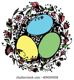 Easter eggs. Painted eggs. Line art. Black and white drawing by hand. Eggs with flowers. Happy Easter.