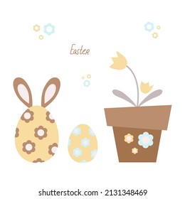 Easter eggs are painted with patterns, an egg with ears, a rabbit, simple flowers and a butterfly. Spring baby clipart, vector simple illustration. Pastel colors, brown, blue, yellow, grey, mother's