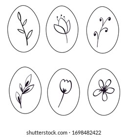 Easter eggs painted with patterns in the form of flowers and plant branches.black and white vector illustration.You can use it for postcards, decorations, prints for textiles or paper.