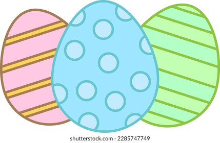 Easter eggs painted in pink, blue and green colors.