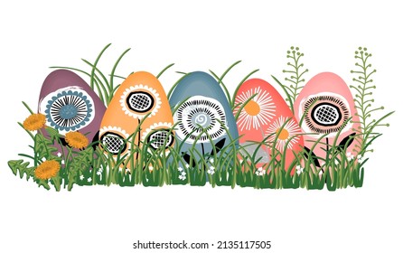 Easter eggs painted in scandinavian style in spring grass with dandelions.Hand drawn isolated illustration in cartoon for Easter holydays.Vector template for design card,poster,banner.