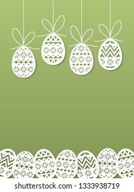Easter eggs paper cut art on green background