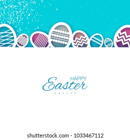 Easter eggs in paper cut style. Spring holidays on blue. Space for text.