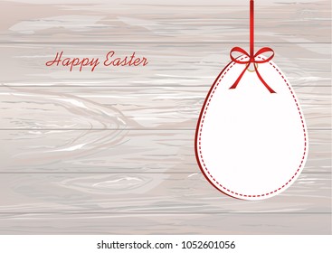 Easter eggs from paper hang on a tape with bows. Greeting card or invitation for a holiday. Free space for text. Vector on wooden background.