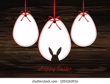Easter eggs from paper hang on a tape with bows. Greeting card or invitation for a holiday. Free space for text. Vector on wooden background.