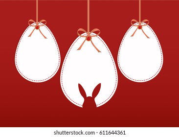 Easter eggs from paper hang on a tape with bows. Greeting card or invitation for a holiday. Free space for text. Vector