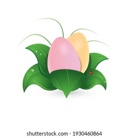Easter eggs in pastel color among green leaves. Easter eggs hunt. Easter holiday. Vector illustration.