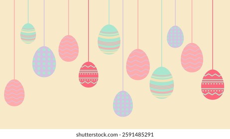 Easter eggs pastel color Hanging isolated on light yellow background, vector illustration